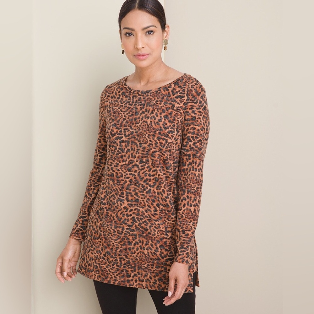 CHICO’S | Brown Animal Print Soft Chic Contemporary Comfy Tunic Top | Large
